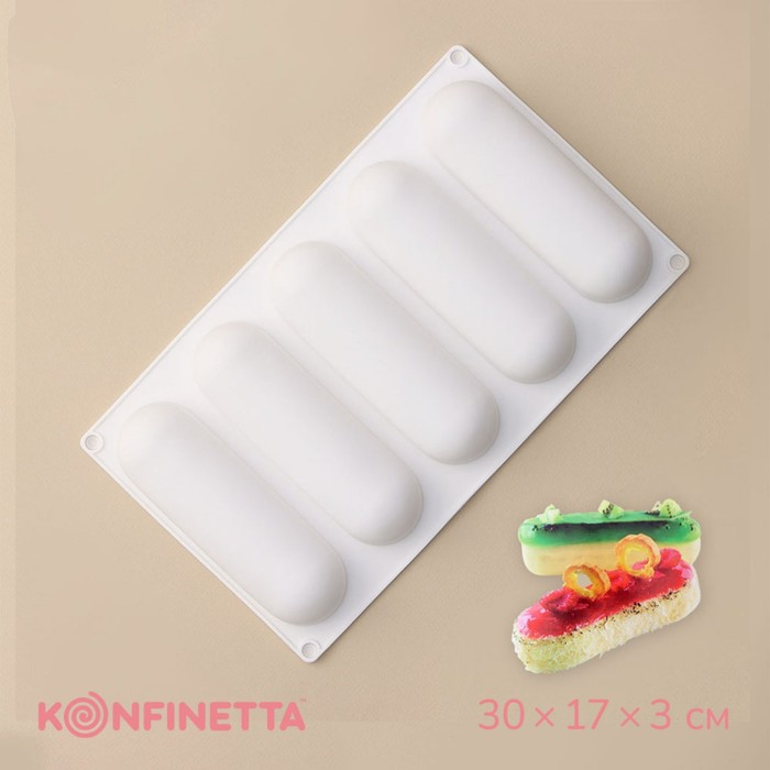 Форма для муссовых десертов и выпечки KONFINETTA &laquo;Эклер&raquo;, 30&times;17&times;3 см, 5 ячеек (14,5&times;4,5 см), цвет белый