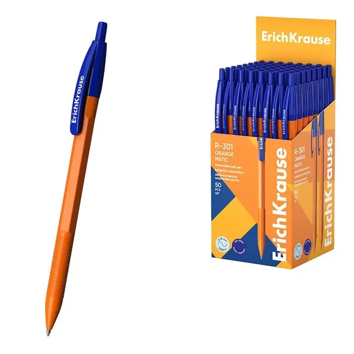 Ручка шариковая ErichKrause. R-301 Matic Orange, автоматическая, синий стержень, узел 0.7 мм