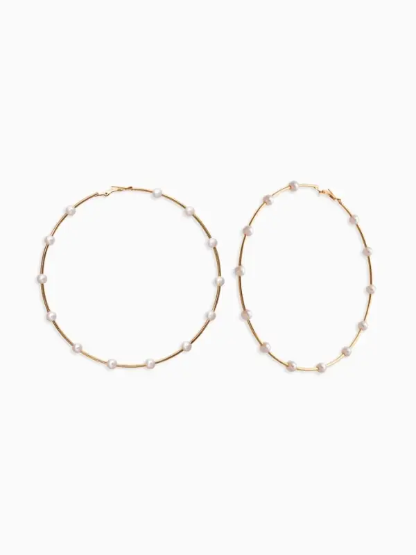 Серьги-кольца "Жемчуг" d=10см. №6, цвет белый в золоте