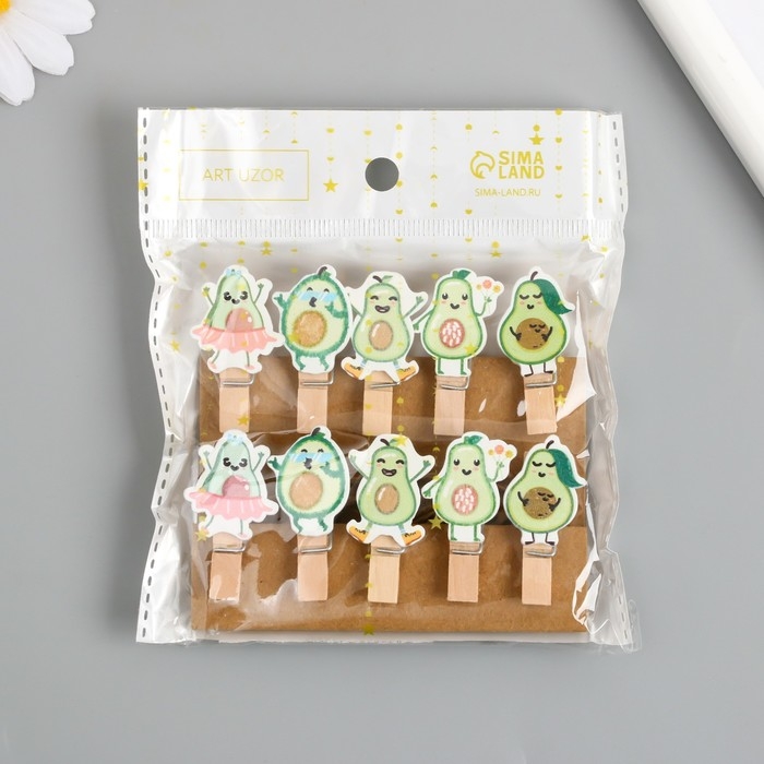 Декор для творчества дерево "Прищепка. Авокадо и танцы" набор 10 шт 3,9х2,3х1,2 см