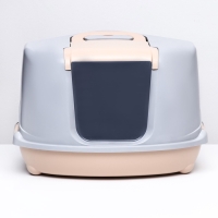 Туалет-домик угловой для кошек закрытый с дверцей 57*46*37 см, бежево-серый