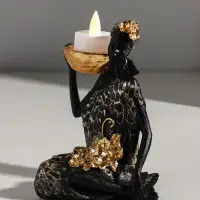 Подсвечник полистоун "Африканка в чёрном платье с цветами" с золотом d=4,5 см 11х13х16 см