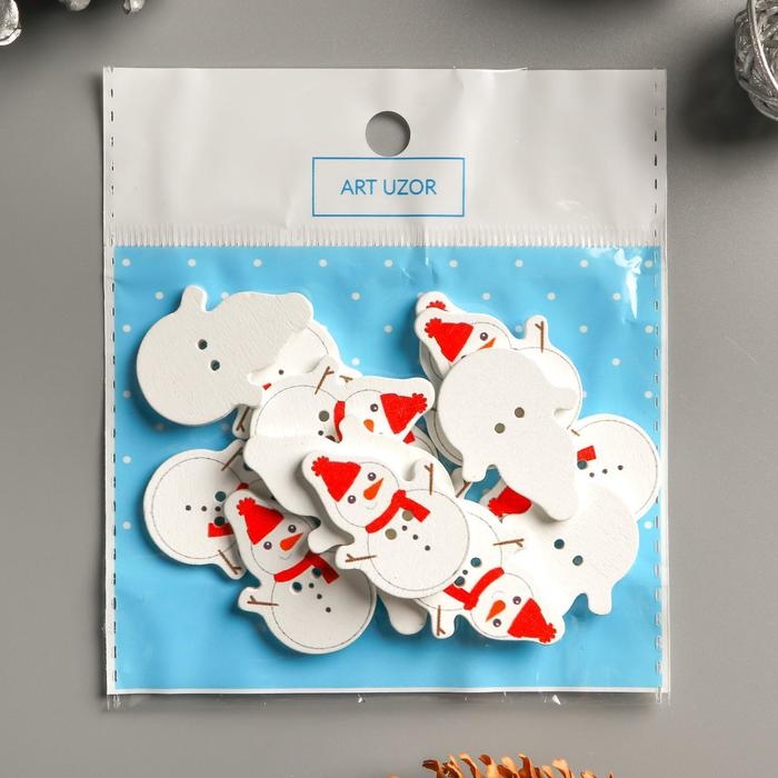 Набор пуговиц для творчества дерево "Снеговик в шапке и шарфике" набор 15 шт 3,4х2,5 см