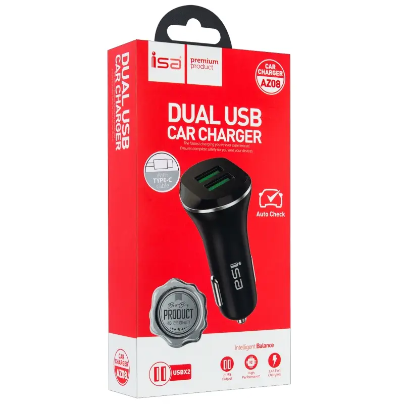 АЗУ AZ-08 USB на Type-C + 2 USB 2.1A ISA черное