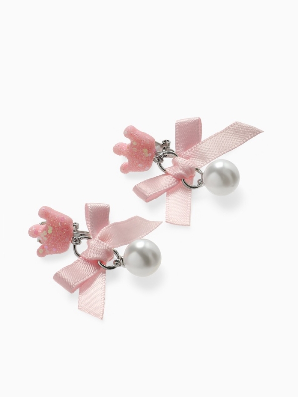 Серьги-клипсы детские "Выбражулька" корона с бантом и жемчужиной, цвет розово-белый