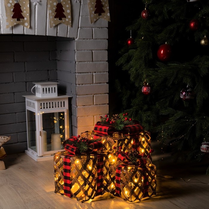 Светодиодная фигура «Коричневые плетёные подарки» 15, 20, 25 см, текстиль, металл, 220 В, свечение тёплое белое Светодиодная фигура «Коричневые плетёные подарки» 15, 20, 25 см, текстиль, металл, 220 В, свечение тёплое белое