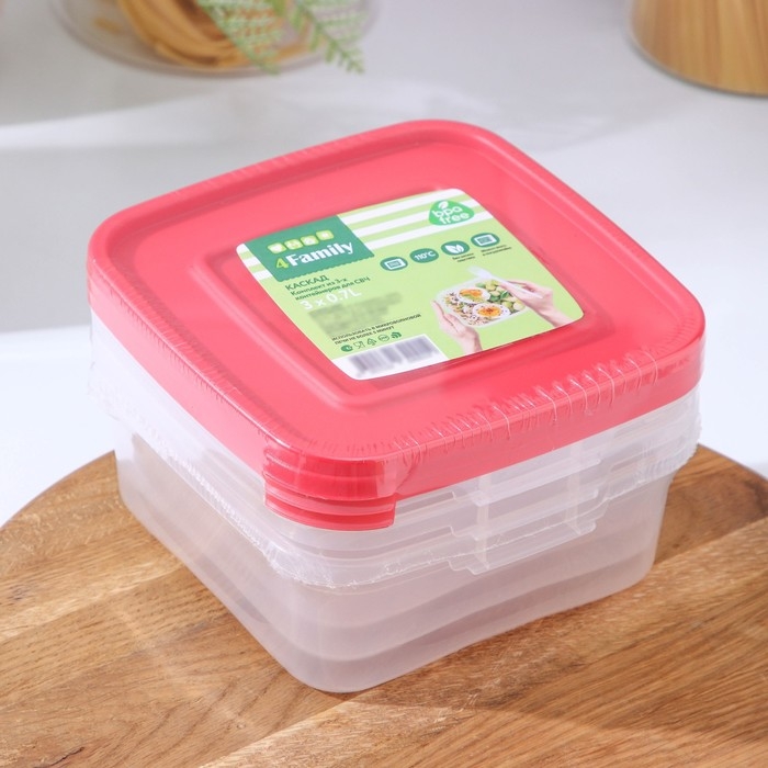 Набор пищевых контейнеров &laquo;Каскад&raquo;, 14&times;14&times;5,5 см, 700 мл, 3 шт, прозрачные, крышки микс