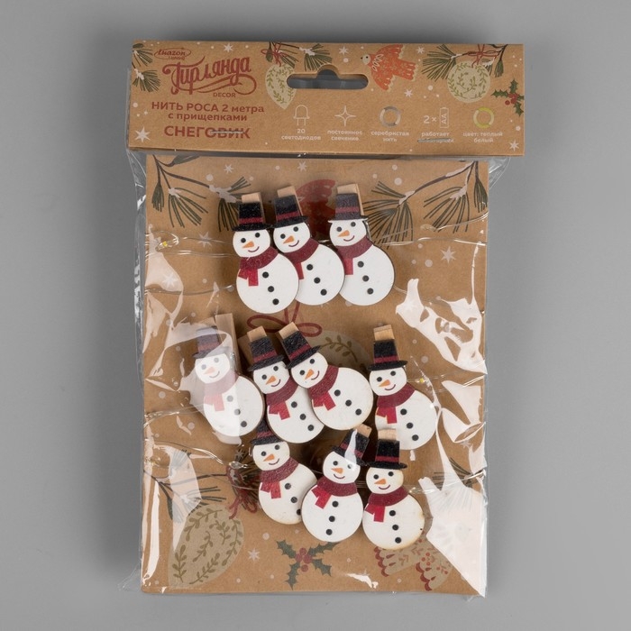 Гирлянда &laquo;Нить&raquo; 2 м роса с насадками &laquo;Прищепка-снеговик&raquo;, IP20, серебристая нить, 20 LED, батарейки ААх2 (нет в комплекте), свечение тёплое белое
