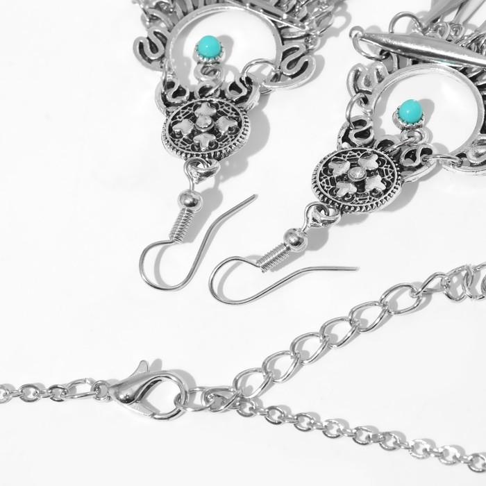 Набор 2 предмета: серьги, колье &laquo;Индия&raquo; флора и фауна, цвет голубой в чернёном серебре, 32 см