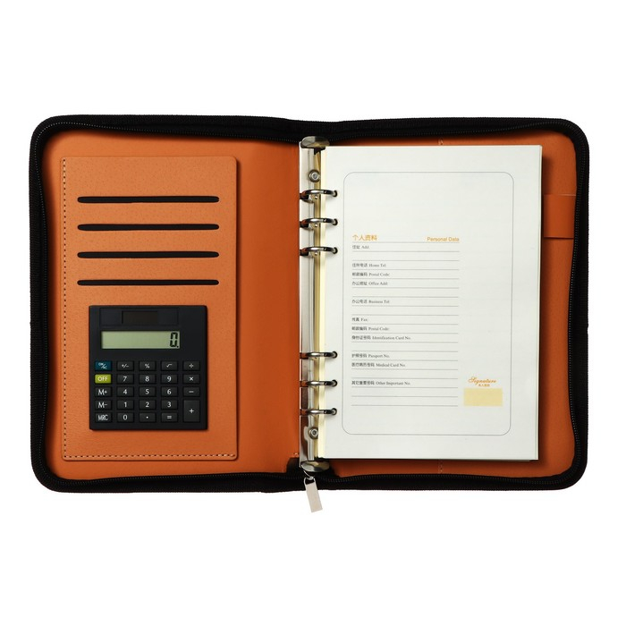 Органайзер на кольцах А5, 96 листов в линейку, на молнии с 3-х сторон, кожзам, с калькулятором, МИКС