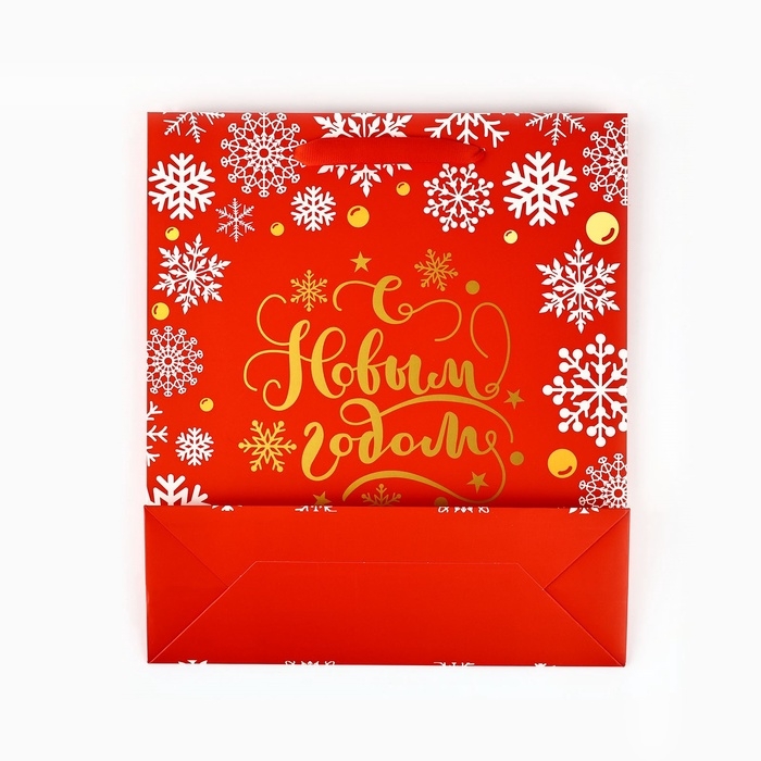 Пакет подарочный новогодний ламинированный &laquo;Золотые снежинки&raquo;, тиснение, M 30&times;26&times;9 см