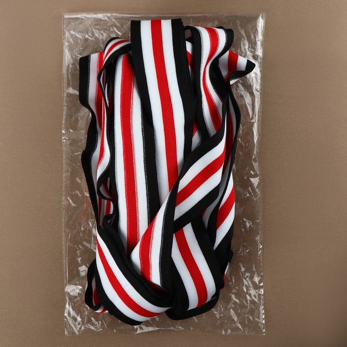 Тесьма трикотажная лампас 40 мм, 9,1 &plusmn; 0,5 м, цвет чёрный/белый/красный