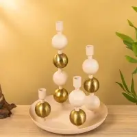 4 подсвечника на тарелке со сферами бежево-золотой 25,5х22,5х32 см