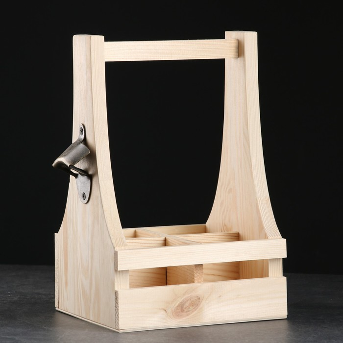 Ящик для пива 19&times;18&times;30 см  с открывашкой, под 4 бутылки, деревянный