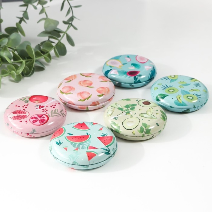 Шкатулка металл круглая "Фрукты и овощи" фасовка 12 шт 1,8х7х7 см