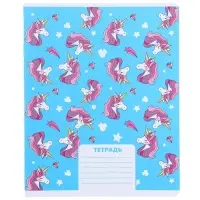 Тетрадь в клетку 12 листов, 5 видов МИКС, обложка мелованный картон, &laquo;Минни Маус и единорог&raquo;