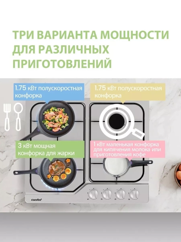 Газовая варочная панель CGH610X, 4 конфорки, WOK, нерж сталь