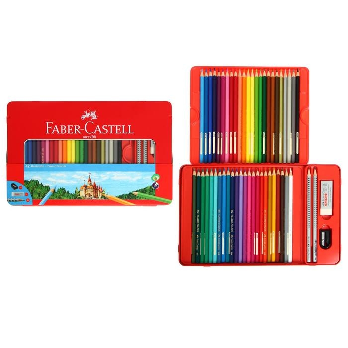 Карандаши 48 цвета Faber-Castell Карандаши 48 цвета Faber-Castell "Замок", трёхгранный корпус, 2 чернографитных карандаша , с ластиком, в металлическом пенале