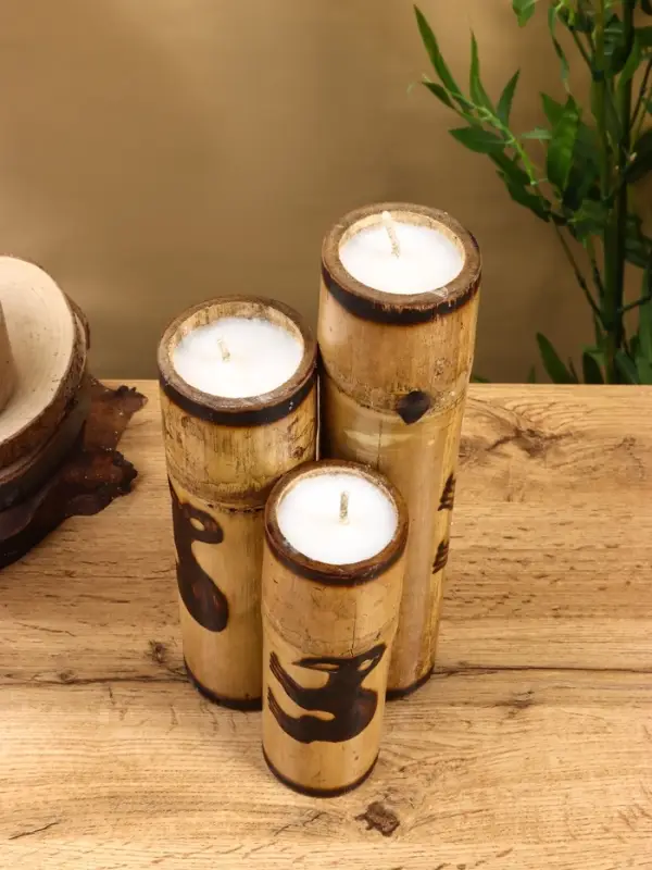 Свеча в бамбуке тройная &laquo;Птица&raquo;, 14&times;14&times;30 см, 100 мл, бежевая