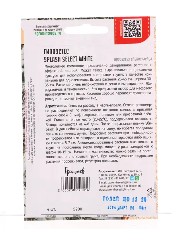 Семена цветов Гипоэстес Сплэш Селект Белый (Splash Select White)(PanAmerican Seed) 4шт.  12.29 г. 10