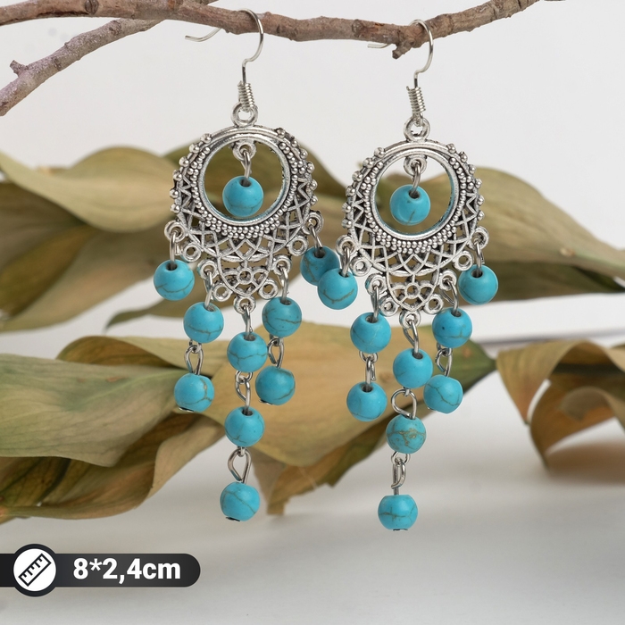 Серьги &laquo;Бирюзовый мир&raquo; круг и 5 дорожек бусинок, цвет голубой в чернёном серебре