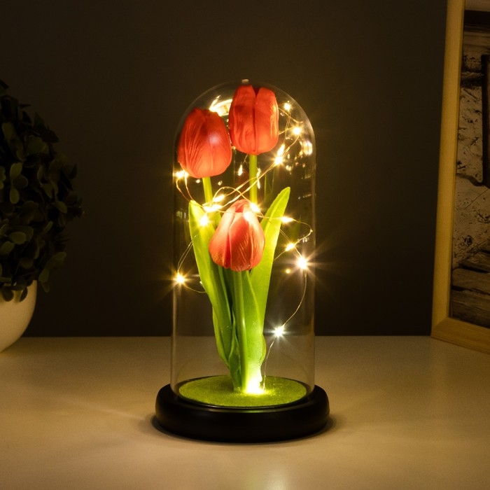 Ночник колба &laquo;Тюльпаны&raquo; LED 3хААА красный 10,5х10,5х22см