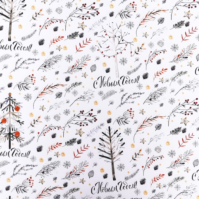 Новый год. Бумага упаковочная новогодняя глянцевая "Веточки ", 70 х 100 см.