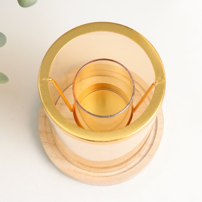 Подсвечник стекло, металл, дерево "Стаканчик в цилиндре" d-5 см 12х12х14,5 см