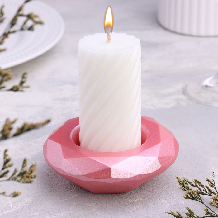 Подсвечник "Полноторие" из гипса с гранями большой, 10,5х3см,розовый