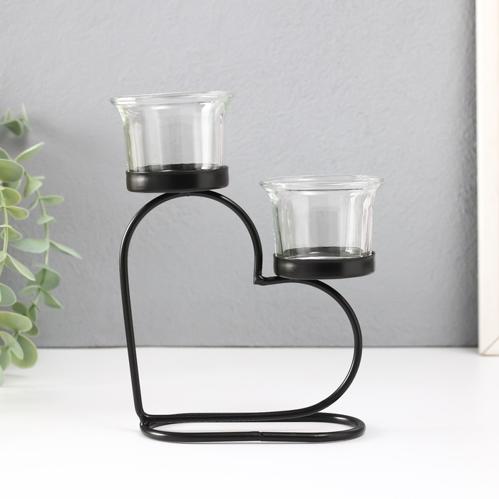 Подсвечник металл, стекло на 2 свечи "Сердце" d=2-5 см чёрный 12х6х17,5 см