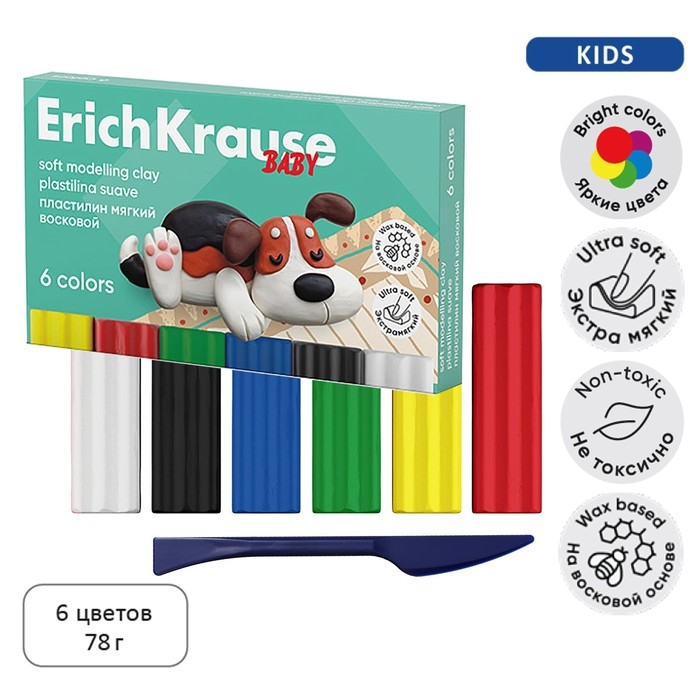 Пластилин мягкий (восковой) 6 цветов, 78 г, ErichKrause Пластилин мягкий (восковой) 6 цветов, 78 г, ErichKrause "Baby", со стеком, на растительно основе, с Алоэ Вера , европодвес