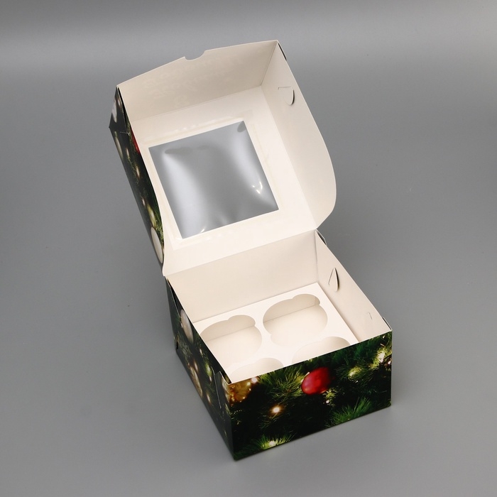 Коробка для 4 капкейка с окном "Счастливого рождества", 16 х 16 х 10 см, упаковка, Новый год