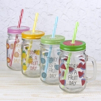 Банка стеклянная с крышкой и трубочкой Доляна «Счастливый день», 450 мл, 10,5×7,5×13 см, цвет МИКС Банка стеклянная с крышкой и трубочкой Доляна «Счастливый день», 450 мл, 10,5×7,5×13 см, цвет МИКС