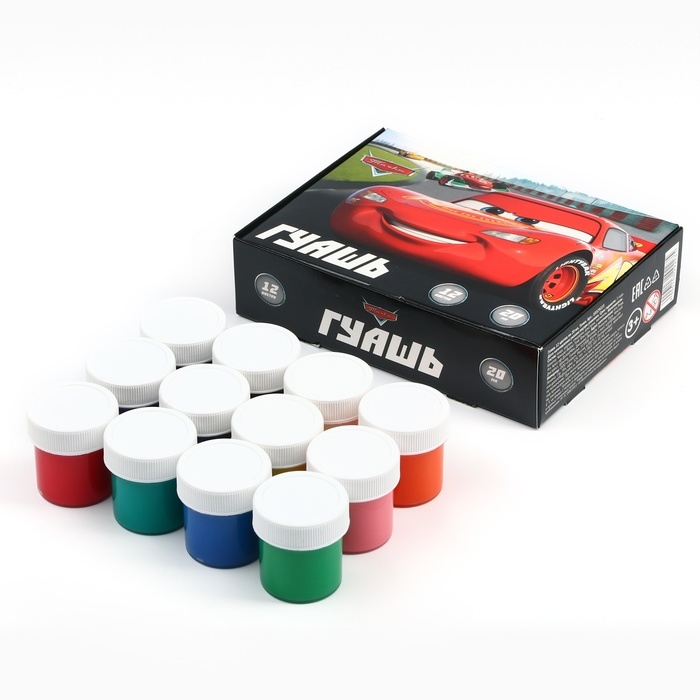 Гуашь 12 цветов по 20 мл, Тачки