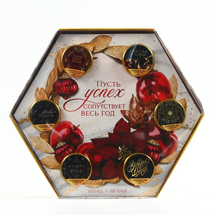 Подарочный набор &laquo;Новогодняя роскошь&raquo;: чай чёрный 50 г., крем-мёд 6 шт. x 30 г.
