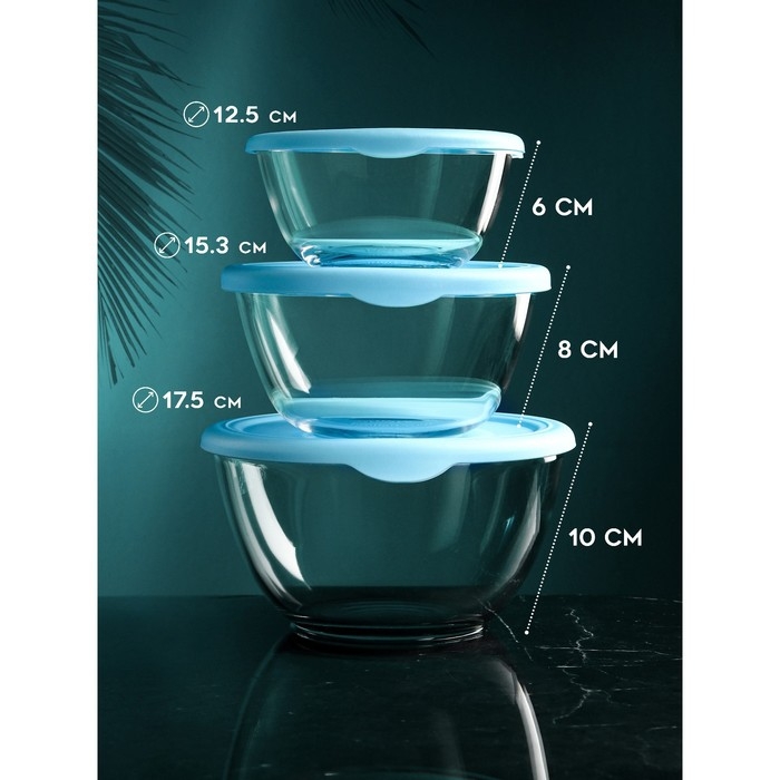 Набор контейнеров &laquo;Роза&raquo;, 1500 мл, 850 мл, 450 мл, стекло, Иран