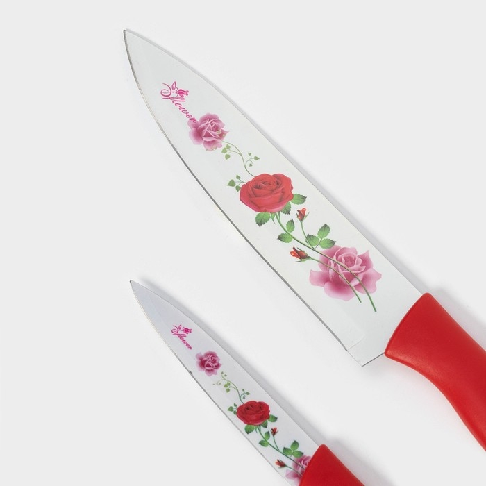 Набор кухонных принадлежностей Доляна «Нарцисс», 3 предмета: 2 ножа с антиналипающим покрытием, лезвие 12 см, овощечистка, 20×4 см, цвет красный Набор кухонных принадлежностей Доляна «Нарцисс», 3 предмета: 2 ножа с антиналипающим покрытием, лезвие 12 см, овощечистка, 20×4 см, цвет красный