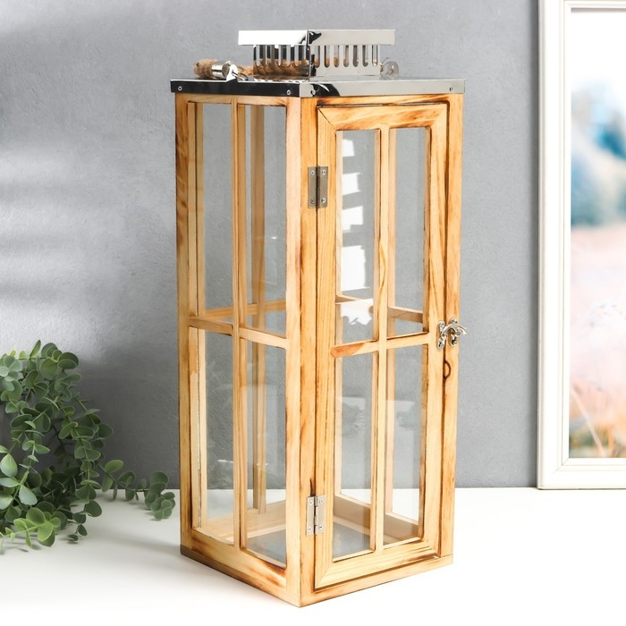 Подсвечник дерево "Фонарь - большие окна" коричневый набор 2 шт 30х13х13; 49х18,5х18,5 см