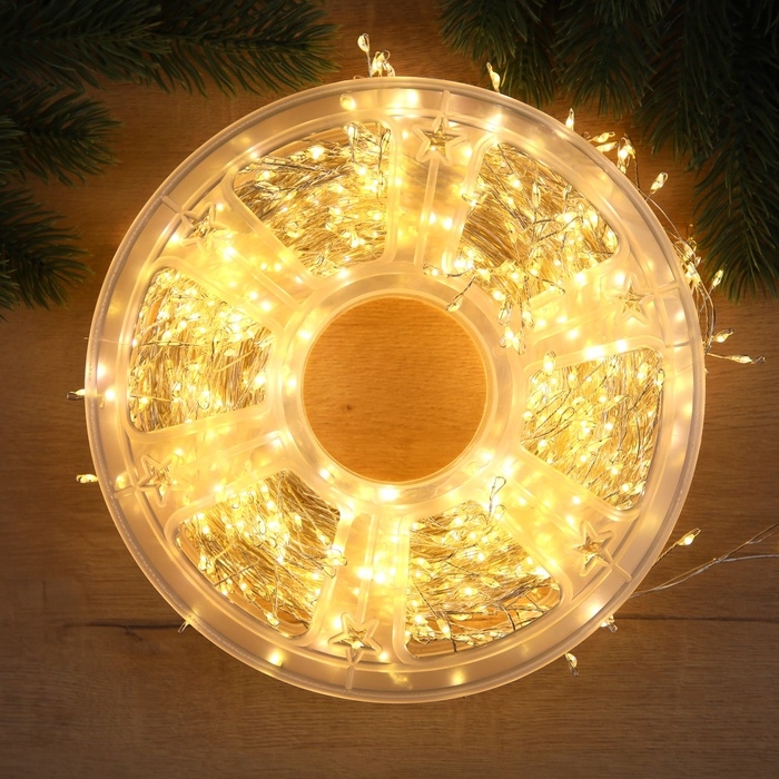 Гирлянда &laquo;Мишура&raquo; 50 м роса, IP44, серебристая нить, 1500 LED, 8 режимов, свечение тёплое белое, 36 В