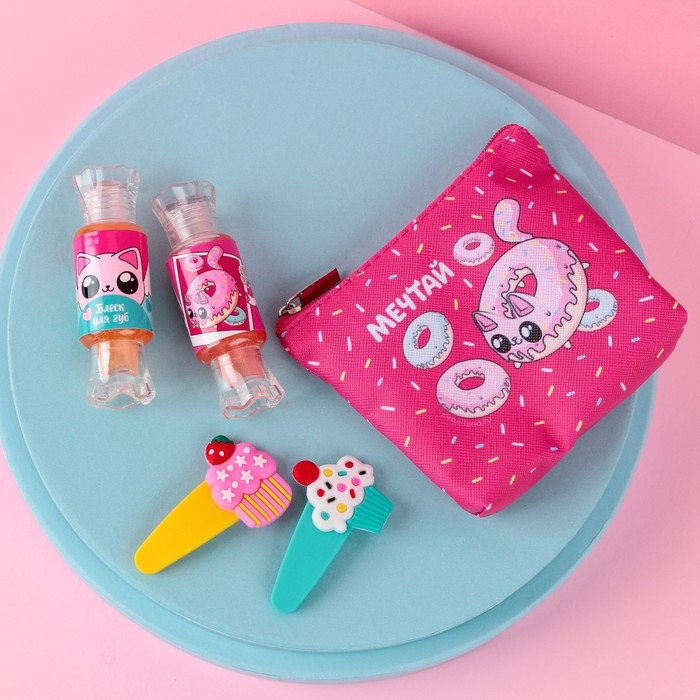 Набор детской косметики &laquo;Сладкие котики&raquo;, блески для губ, косметичка, заколки