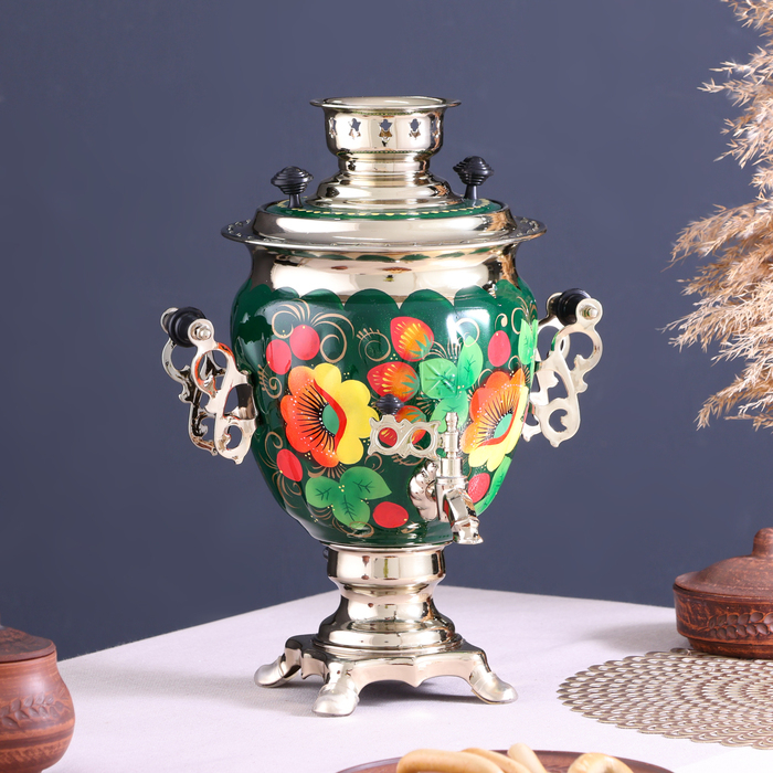 Набор &laquo;Маки на зелёном&raquo;, жёлудь, 3 предмета, самовар 3 л, заварочный чайник 0,7 л, поднос