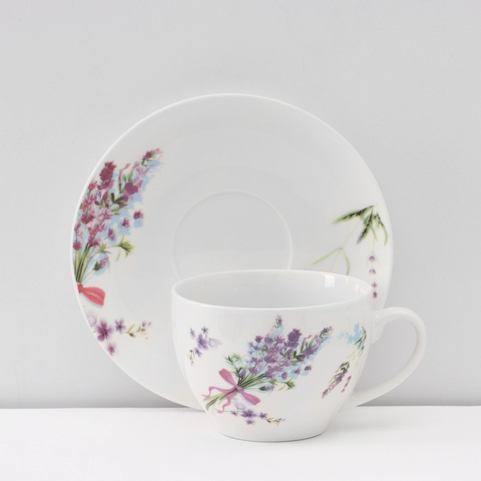 Сервиз фарфоровый чайный Доляна &laquo;Лаванда&raquo;, 12 предметов: 6 чашек 250 мл, 6 блюдец d=15 см, цвет белый