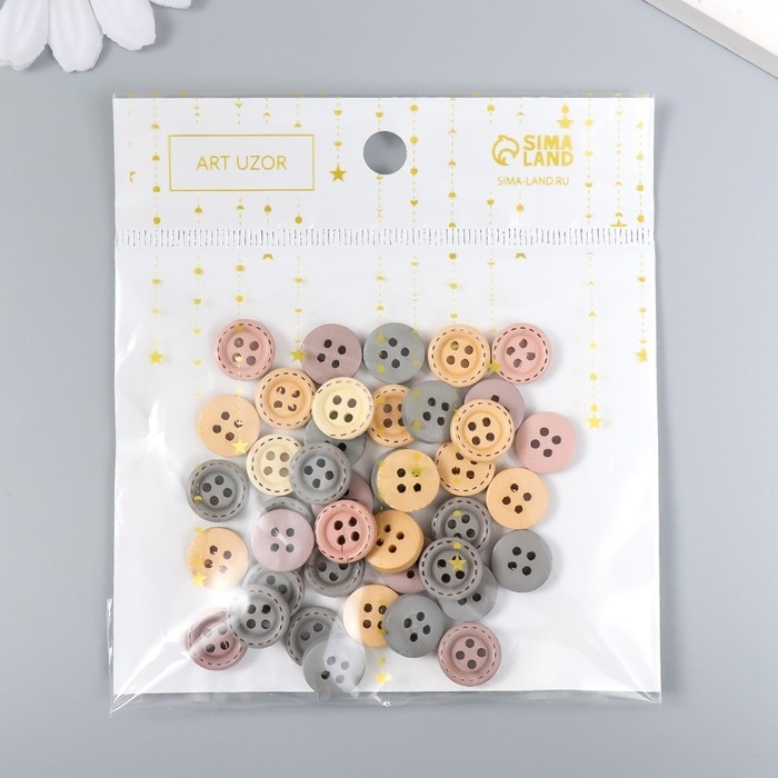 Пуговицы дерево для творчества 4 прокола "Стиль" набор 40 шт МИКС 1,2х1,2 см