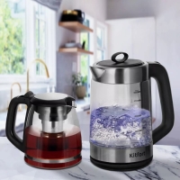 Чайный набор Kitfort КТ-6639, стекло, 1.8/1.2 л, 1500 Вт, чёрно-серебристый
