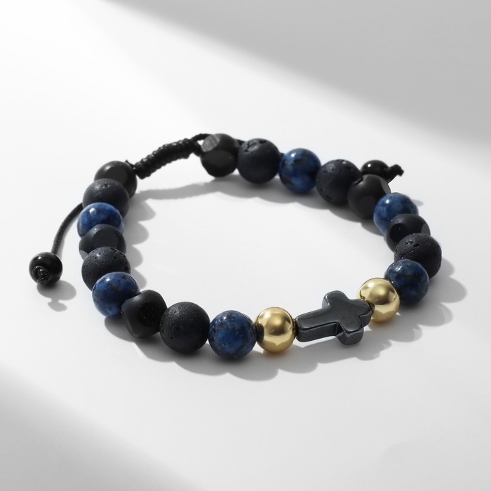 Браслет мужской «Крест» с бусинами, цвет чёрно-золотой Браслет мужской «Крест» с бусинами, цвет чёрно-золотой