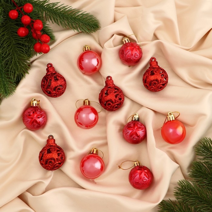 Набор шаров пластик d-4 см, 12 шт "Мелодия" орнамент, красный
