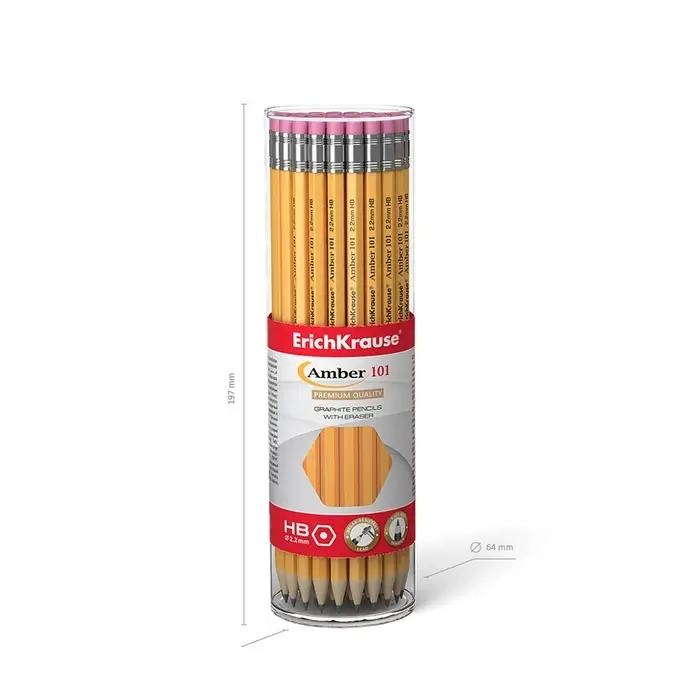 Карандаш чернографитный с ластиком ErichKrause Amber 101, НВ, грифель d=2.2 мм, дерево, шестигранный в тубусе