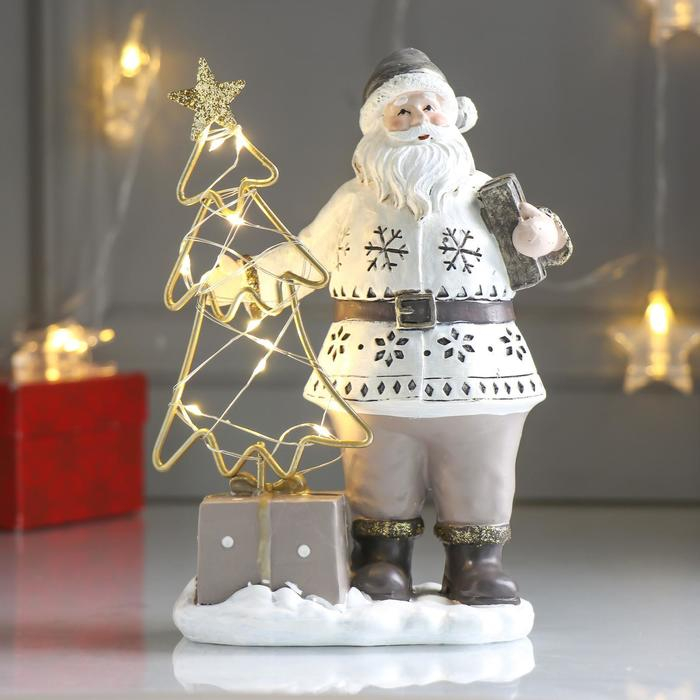 Сувенир полистоун свет Сувенир полистоун свет "Дед Мороз в перламутр. кафтане у ёлочки - снежинки" 22,5х9,5х16 см