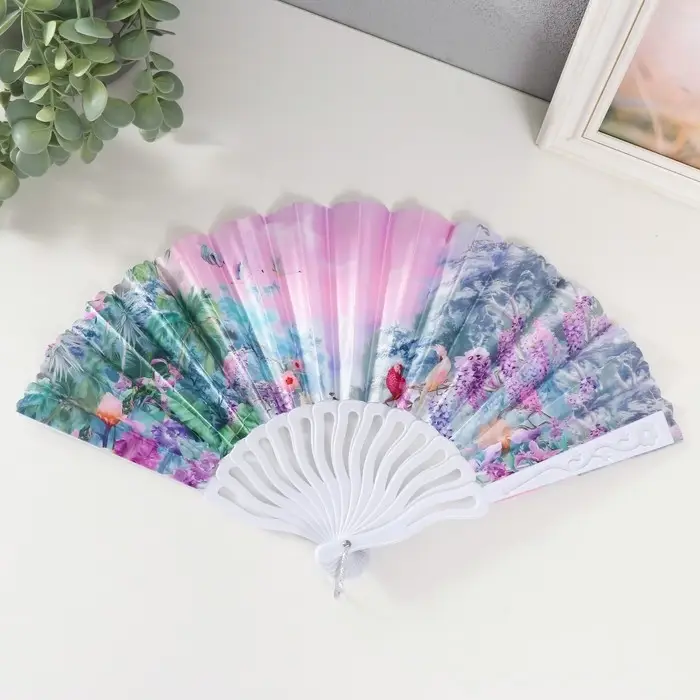 Веер пластик, текстиль "В тропиках" МИКС 23 см