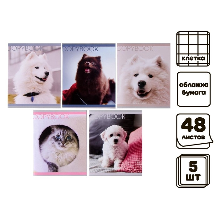 Комплект тетрадей из 5 штук, 48 листов в клетку Calligrata Комплект тетрадей из 5 штук, 48 листов в клетку Calligrata "Любимые питомцы", обложка мелованная бумага, блок №2, белизна 75% (серые листы)